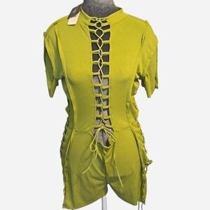 NWT Green Short Sleeve Lace-Up Jumpsuit Romper